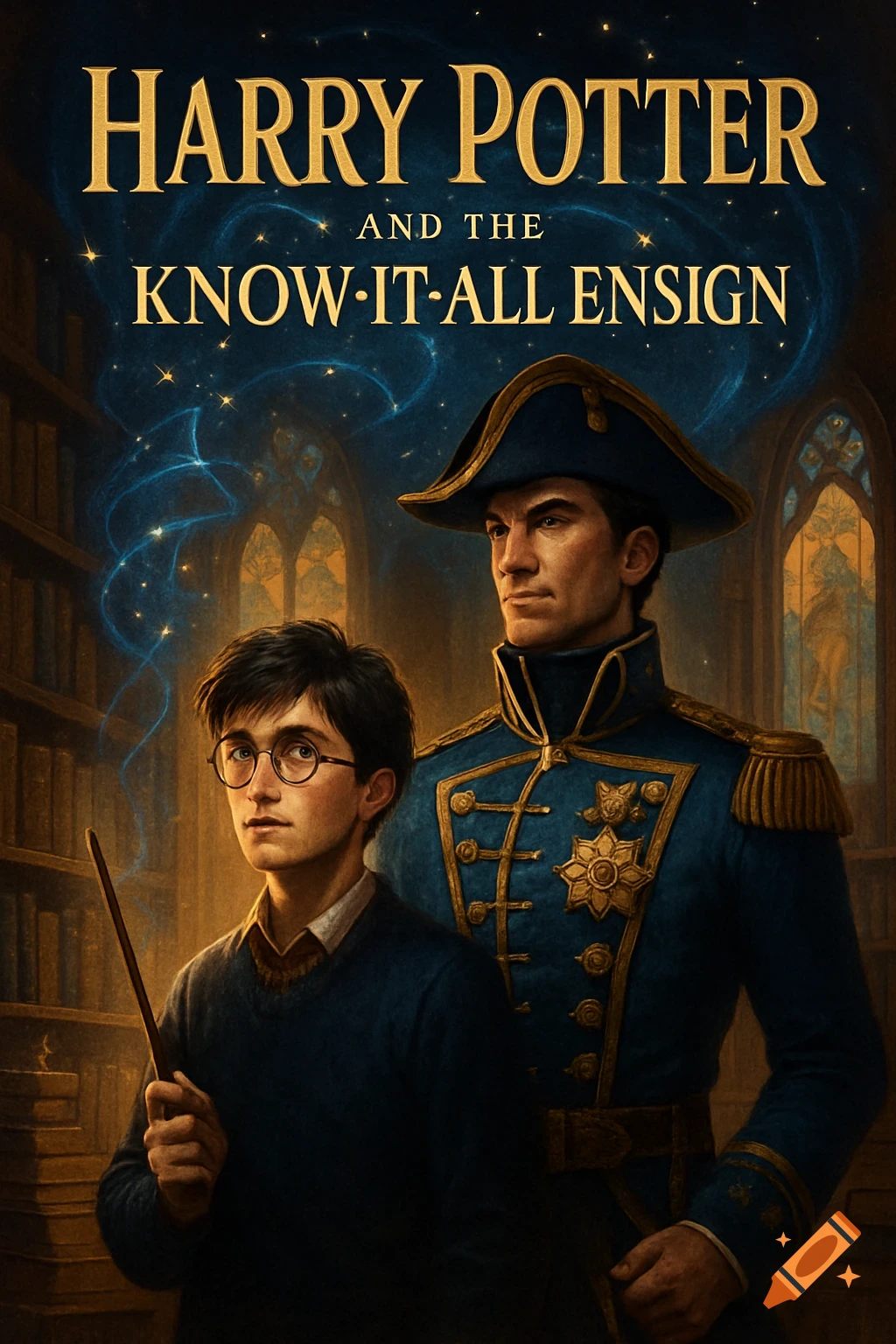 A book cover showing Harry Potter holding a wand next to a man in a blue naval uniform, with a dark, starry background.