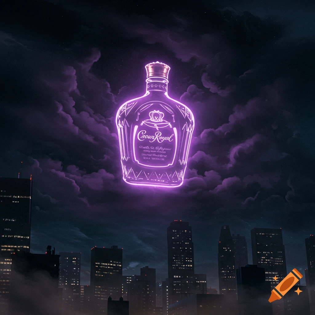 A glowing purple outline of a Crown Royal bottle floats above a dark city skyline at night.