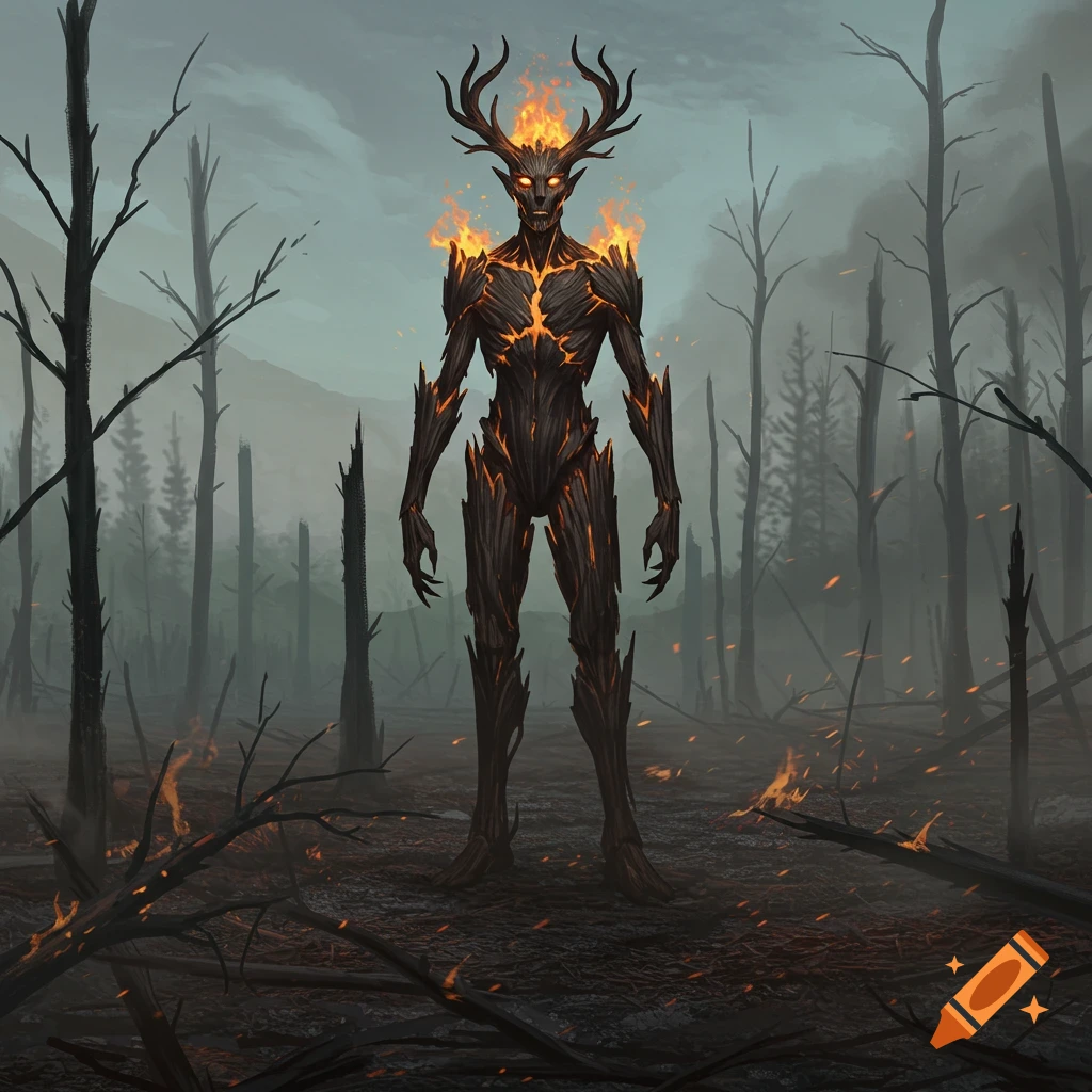 An androgynous elf-like creature with burning wooden skin and antlers stands in a desolate, burnt forest.