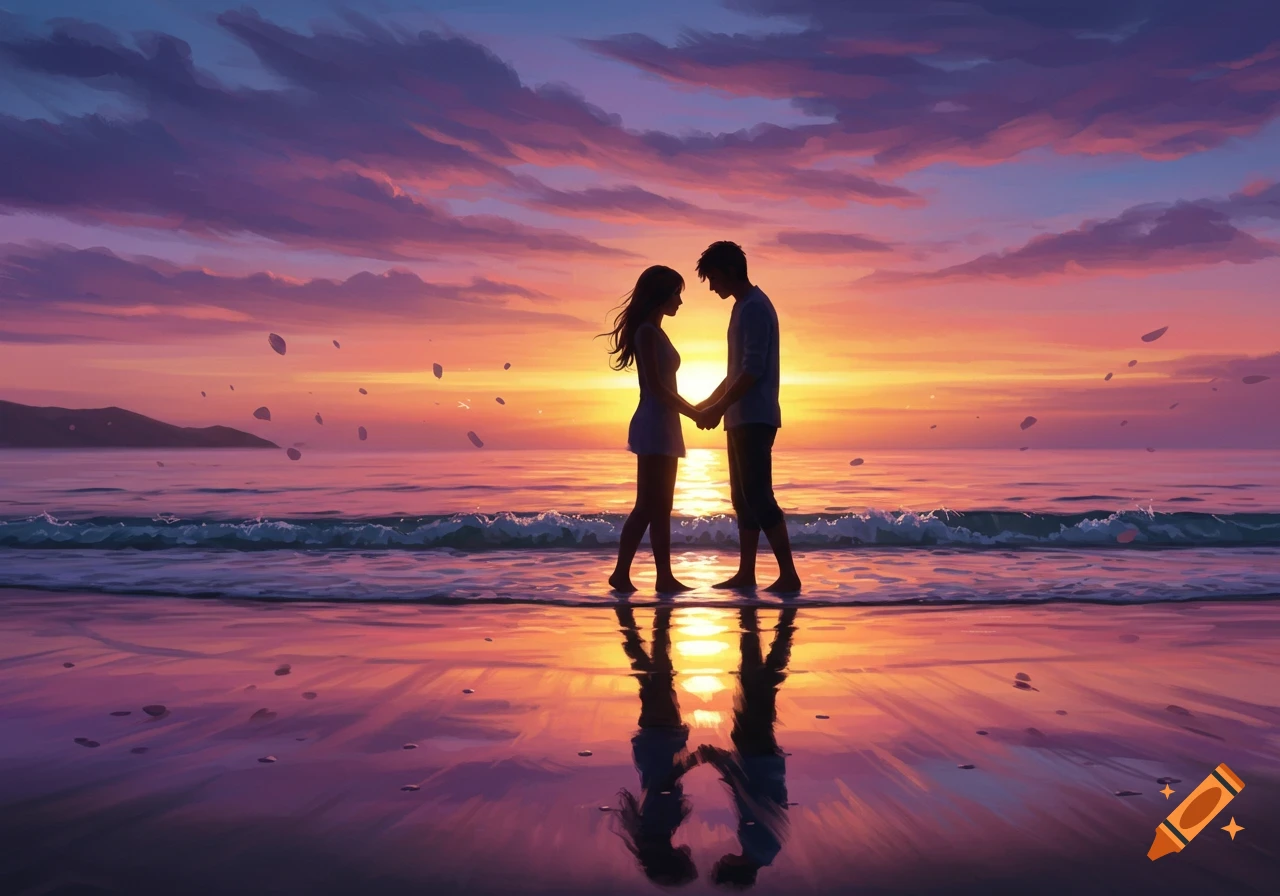 Digital art of a couple holding hands on a beach at sunset, with a vibrant sky reflected in the water.