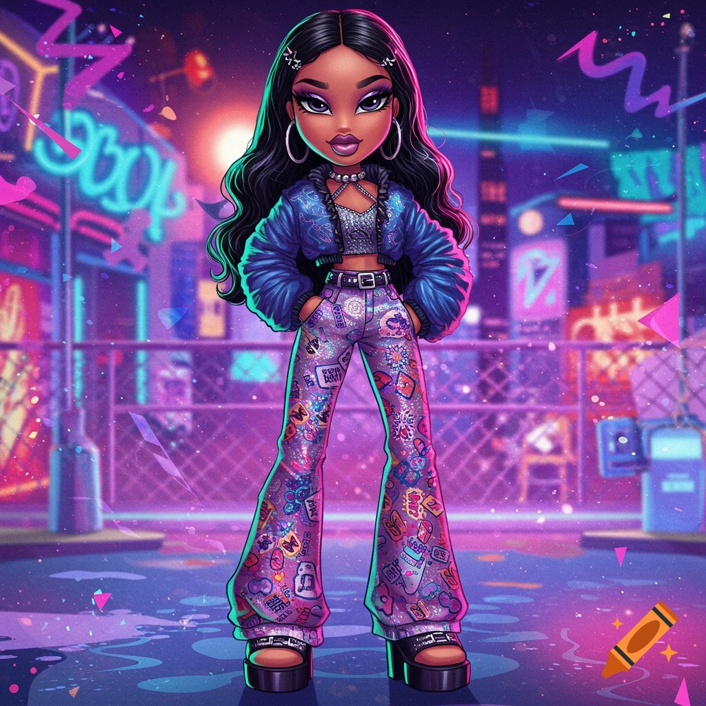 Stylized Bratz doll in a blue jacket and sparkly patched pants stands in a vibrant neon cityscape.