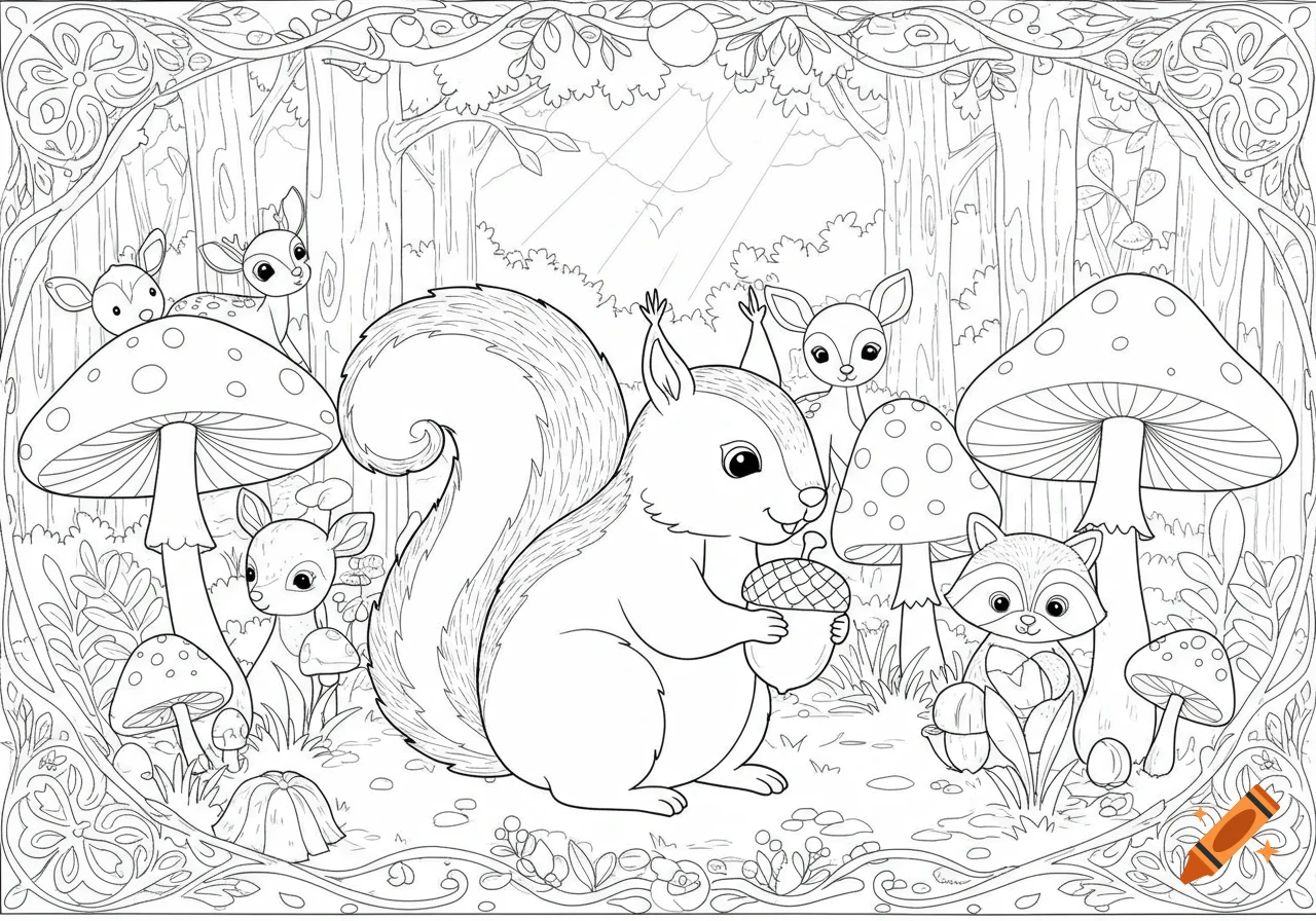 Line art coloring page of a cute squirrel holding an acorn with deer and a raccoon in a forest scene with mushrooms.