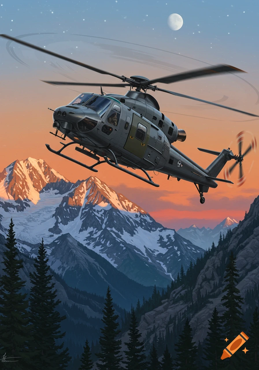 A grey helicopter with spinning blades flies over majestic snow-capped mountains bathed in the warm light of sunrise or sunset, with a moon in the sky.