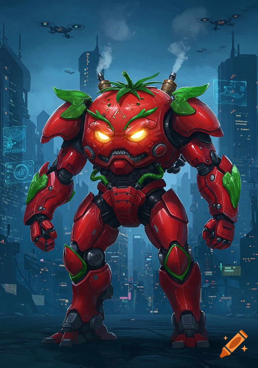 An angry, red tomato-shaped mech suit with glowing eyes stands in a futuristic city at night.