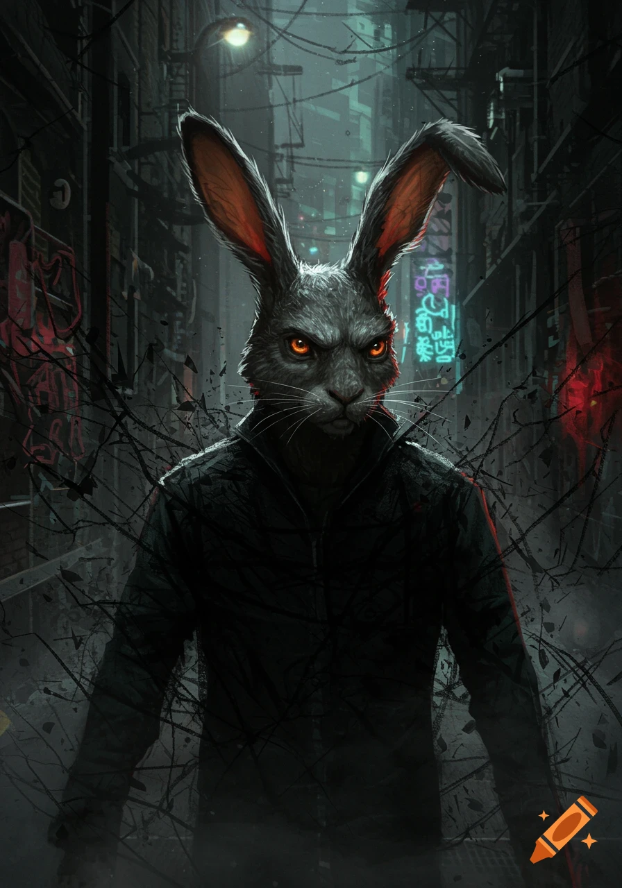 Dark, intense anthropomorphic rabbit man with glowing orange eyes in a gritty, neon-lit urban alleyway with black scribble effects.