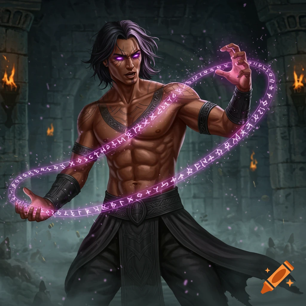 A muscular male wizard with dark hair and glowing purple eyes casts a spell, surrounded by glowing runes, in a dark dungeon.