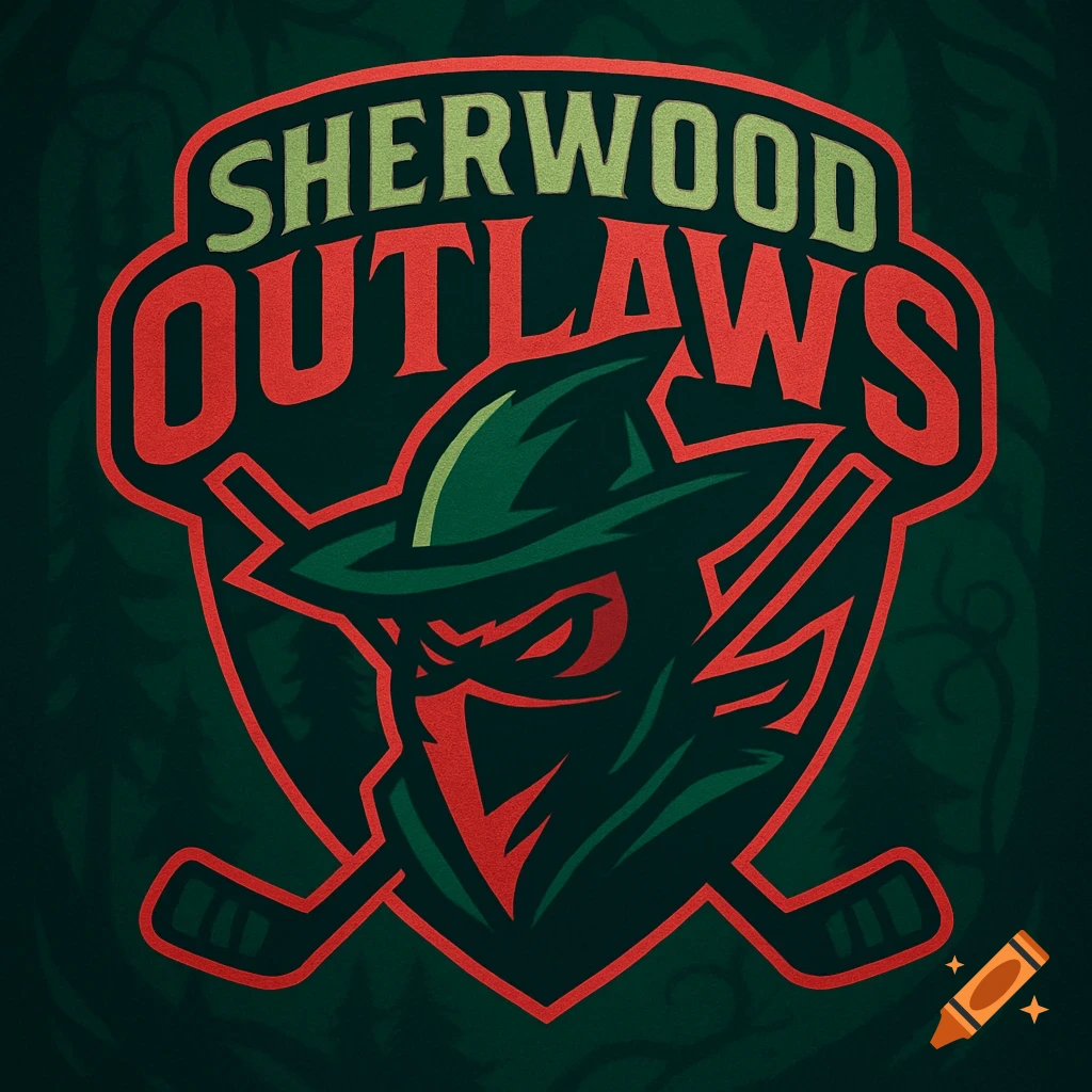 A graphic logo for 'SHERWOOD OUTLAWS' hockey team, featuring a stylized figure in a dark hat and mask with glowing red eyes, and two crossed hockey sticks.