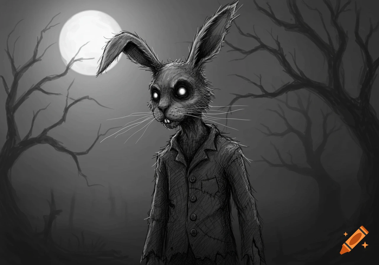 A creepy, scribbly drawing of a rabbit-like creature with glowing eyes, wearing a tattered coat, standing in a dark, misty forest under a full moon.