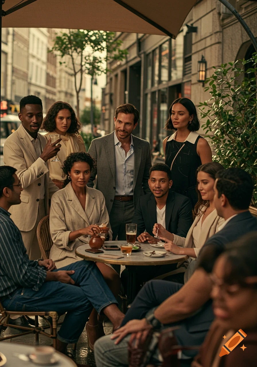 A diverse group of adults socializes at an outdoor cafe in an urban setting, some seated at a table with drinks.