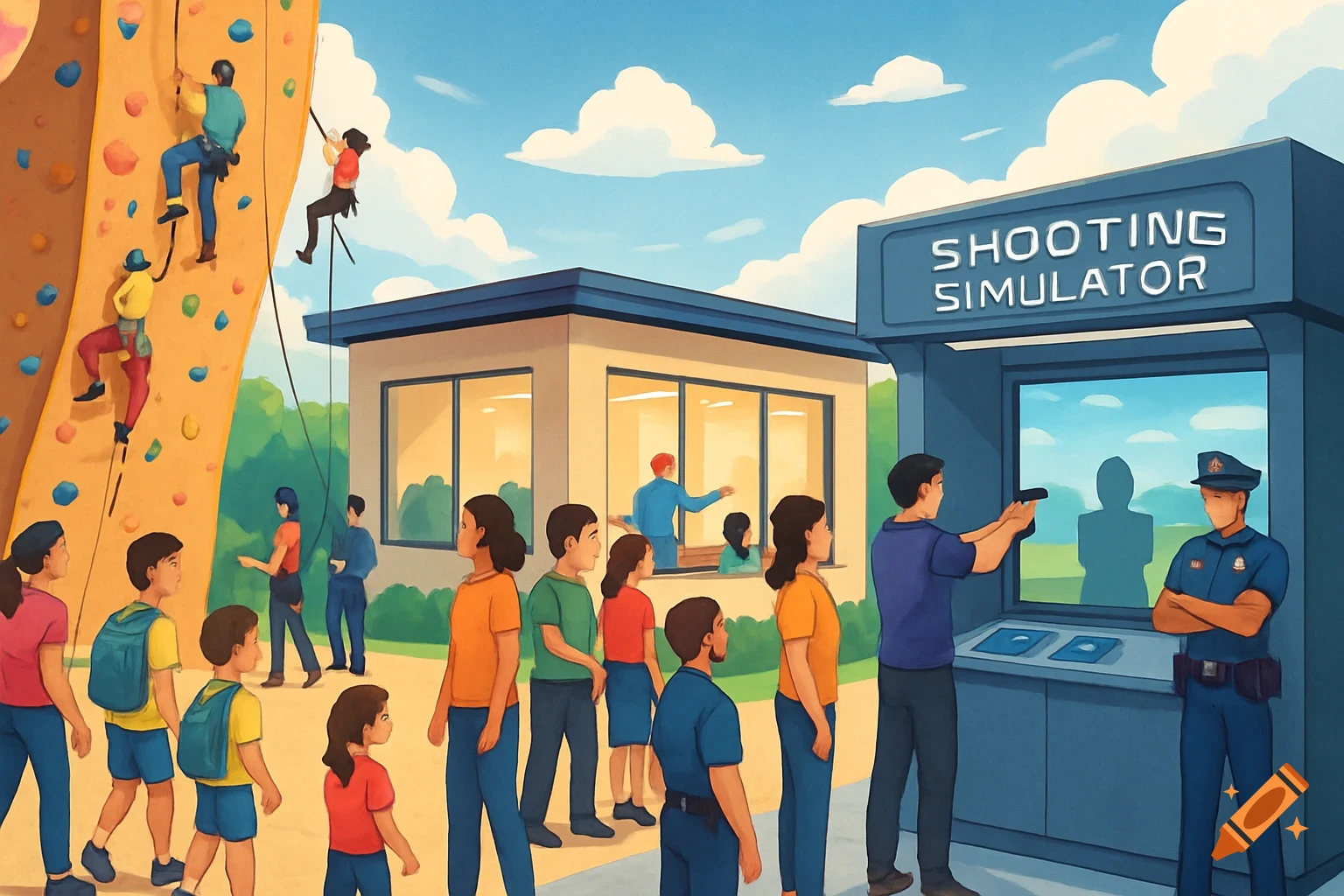 An outdoor recreational complex featuring people rock climbing on a large wall and others using a "SHOOTING SIMULATOR" booth with a police officer present. The scene includes various adults and children.