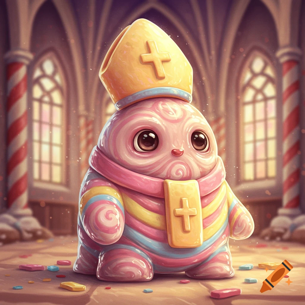 An adorable, colorful taffy creature resembling a pope, standing in a whimsical cathedral with candy cane pillars and scattered candy.