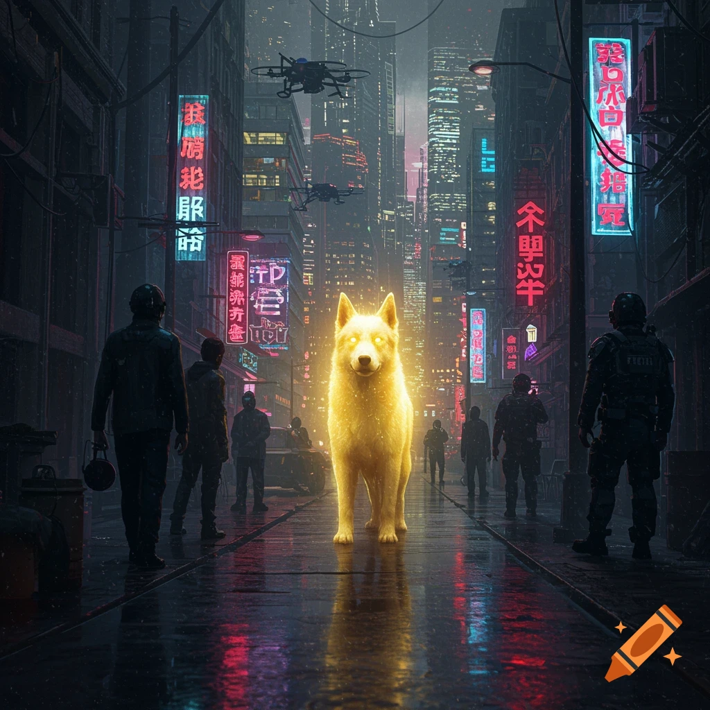 A glowing golden dog stands in the middle of a dark, rain-slicked futuristic city street lined with tall skyscrapers and vibrant neon signs, as people and drones look on.