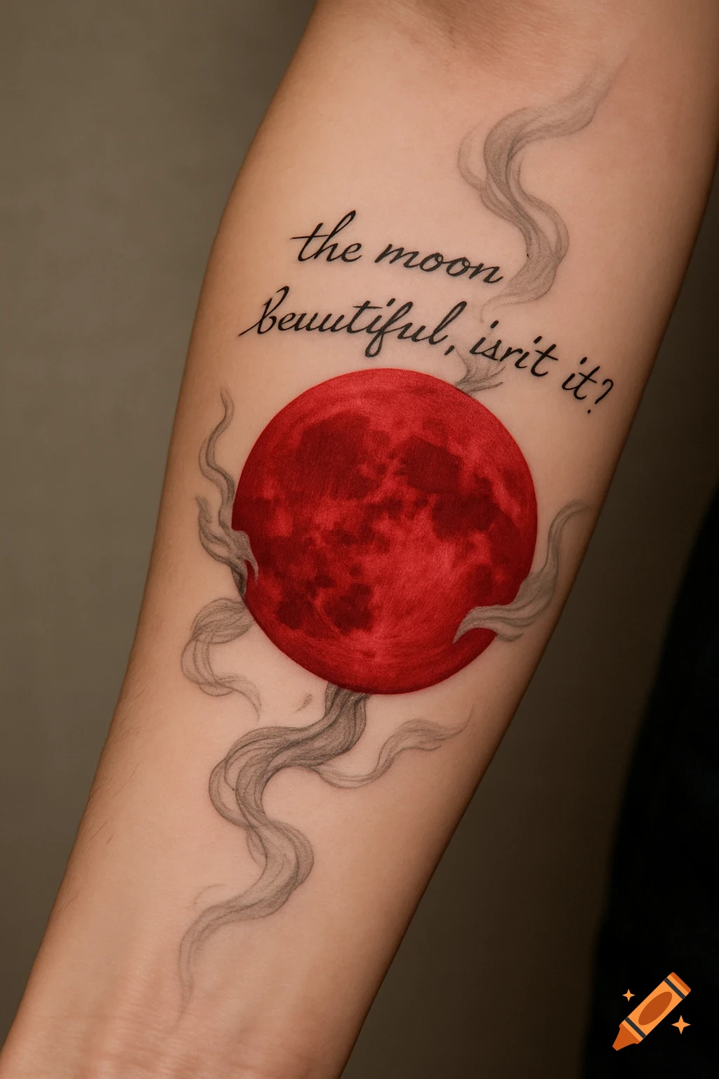 A tattoo on an arm featuring a red moon surrounded by smoke with the text 'the moon beautiful, isn't it?'