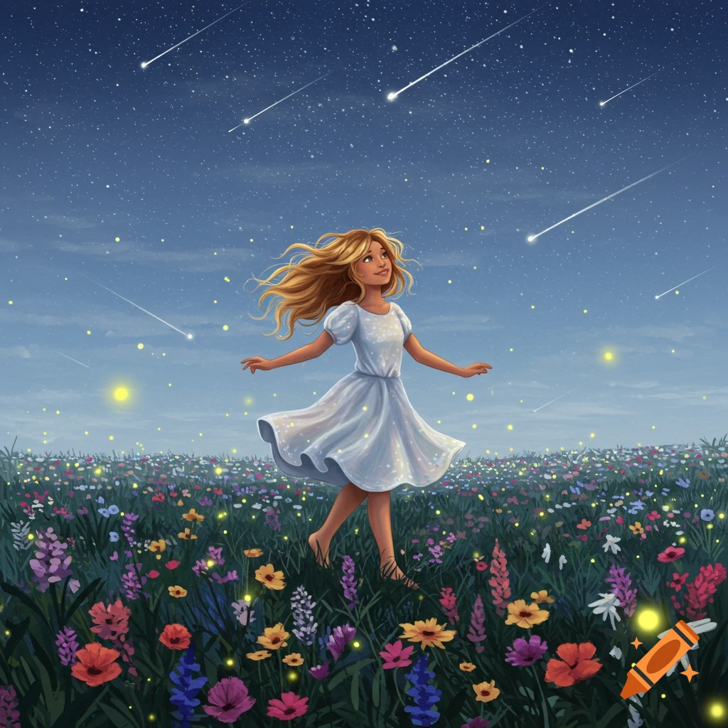 A young girl with long blonde hair dances in a field of colorful wildflowers under a starry night sky with shooting stars.