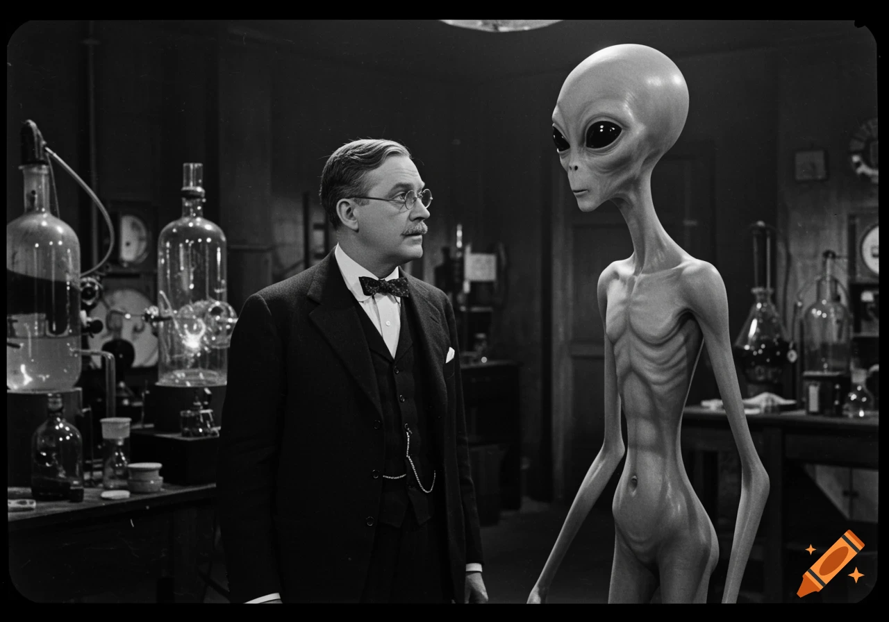 A man in a suit looks at a tall grey alien in a vintage black and white laboratory.