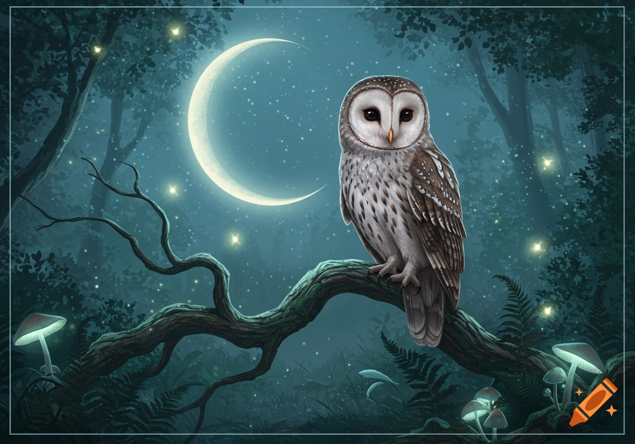 A white and brown owl perches on a branch under a large crescent moon in a magical forest with glowing fireflies and mushrooms.