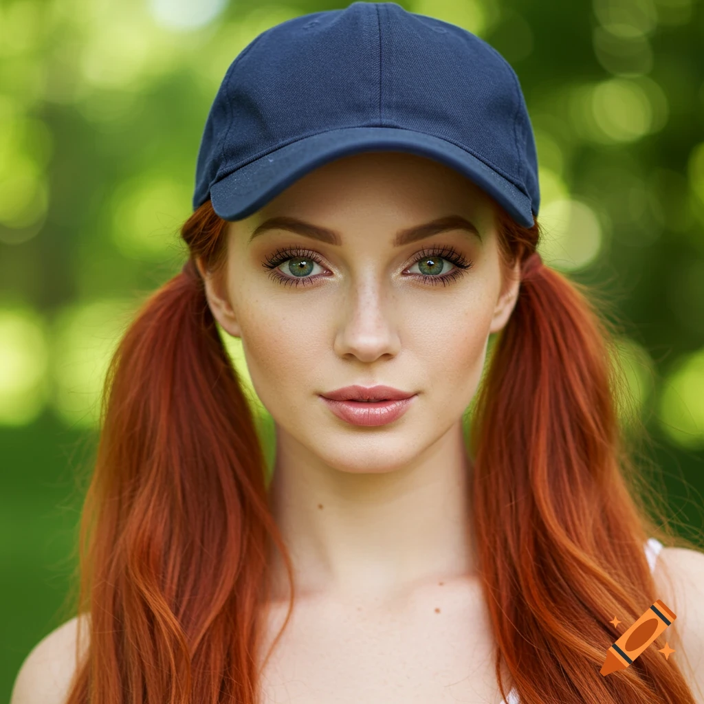 Photorealistic portrait of a young red-haired woman wearing a navy blue ball cap, with her hair in pigtails, against a green blurry outdoor background.