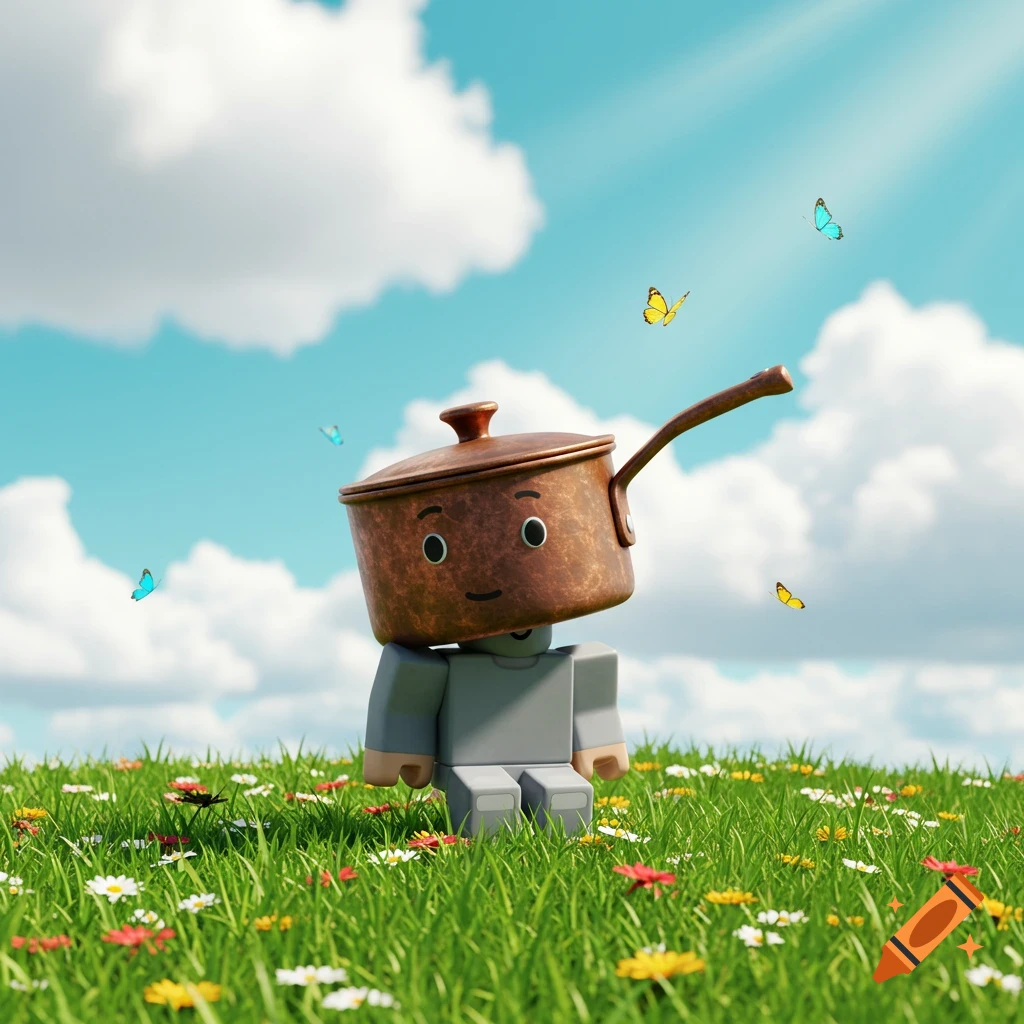 A grey blocky character with a copper pot for a head sits in a green field with wildflowers and butterflies under a blue sky.