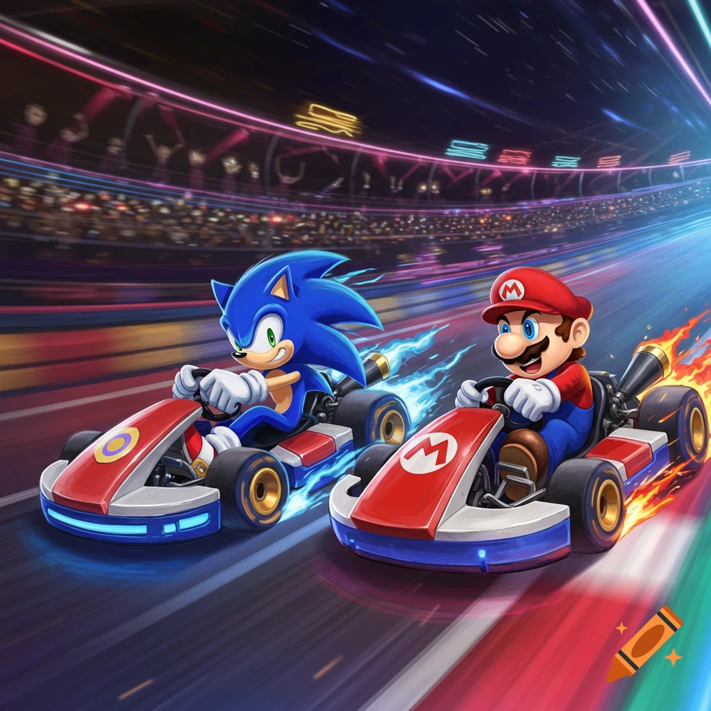 Sonic and Mario race side-by-side in karts on a neon-lit track.