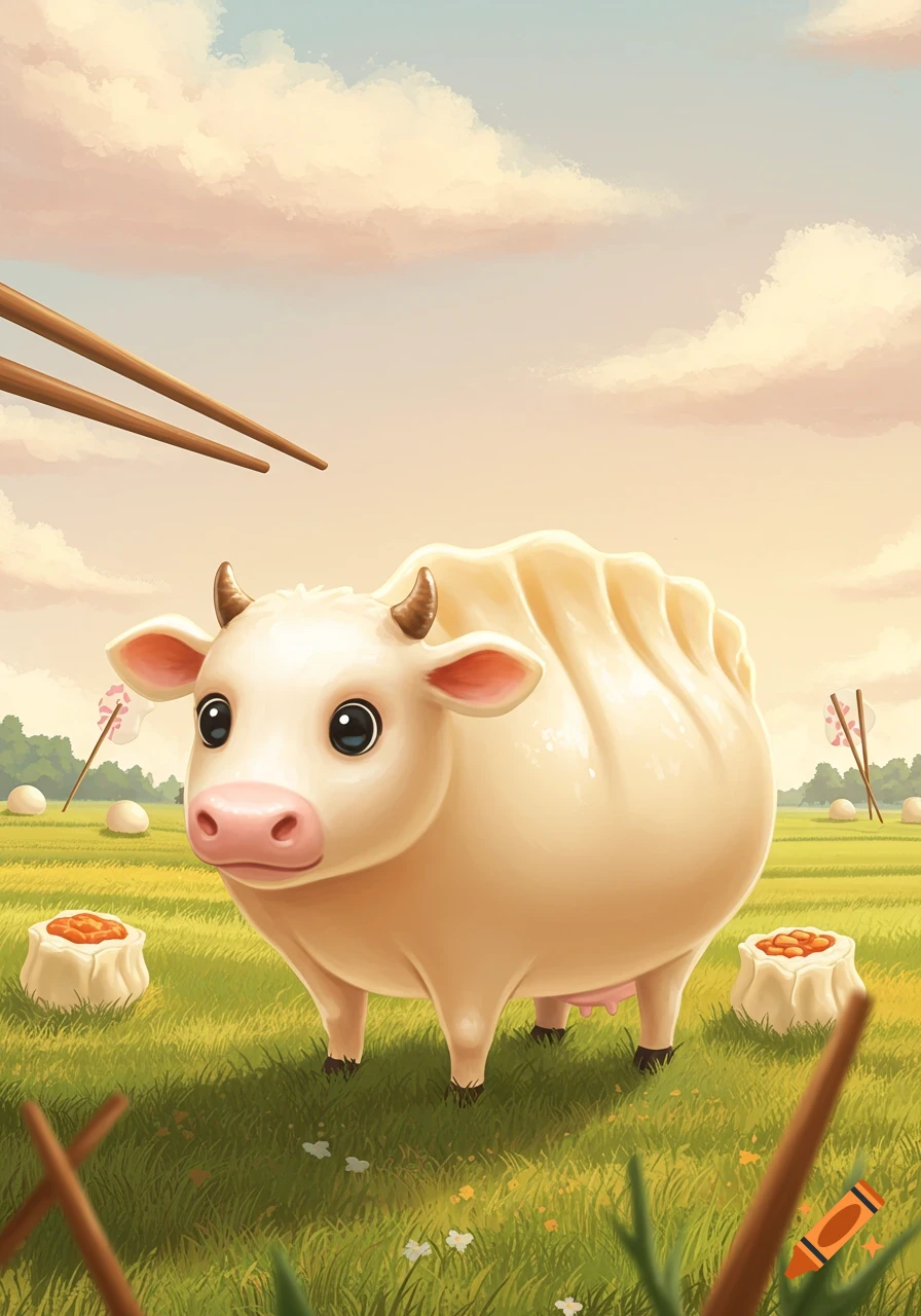 A cute, stylized cow with a body shaped like a gyoza dumpling stands in a grassy field with other dumplings and chopsticks.