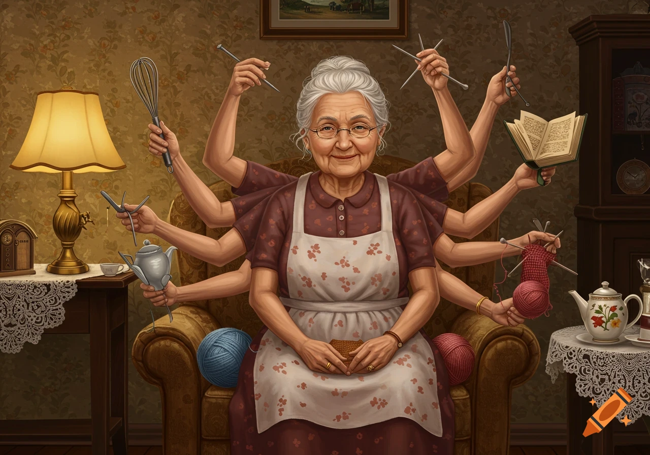 A multi-armed elderly woman, like a Hindu deity, sits in an armchair performing various domestic tasks simultaneously.