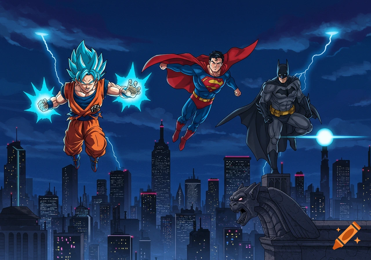 Goku, Superman, and Batman hover above a dark cityscape with lightning, in  a vibrant comic art style. on Craiyon, image size:1280x896