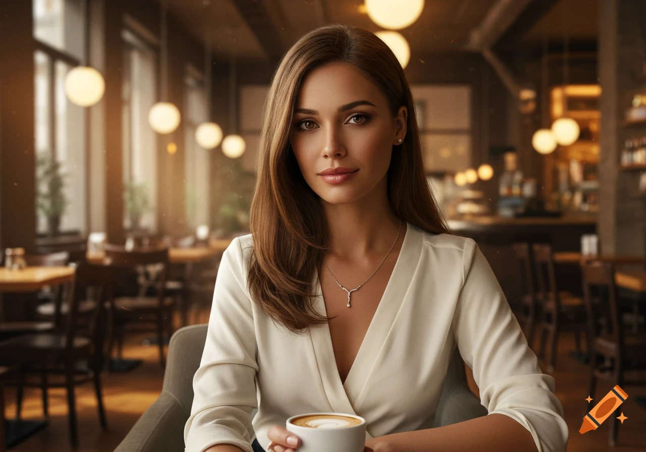 A photorealistic portrait of a woman with long brown hair, wearing a white shirt, holding a coffee cup in a cafe.
