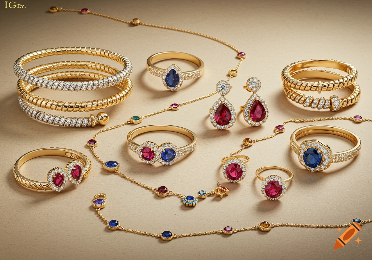 A collection of gold jewelry, including bracelets, rings, earrings, and necklaces, set with colorful gemstones and diamonds.