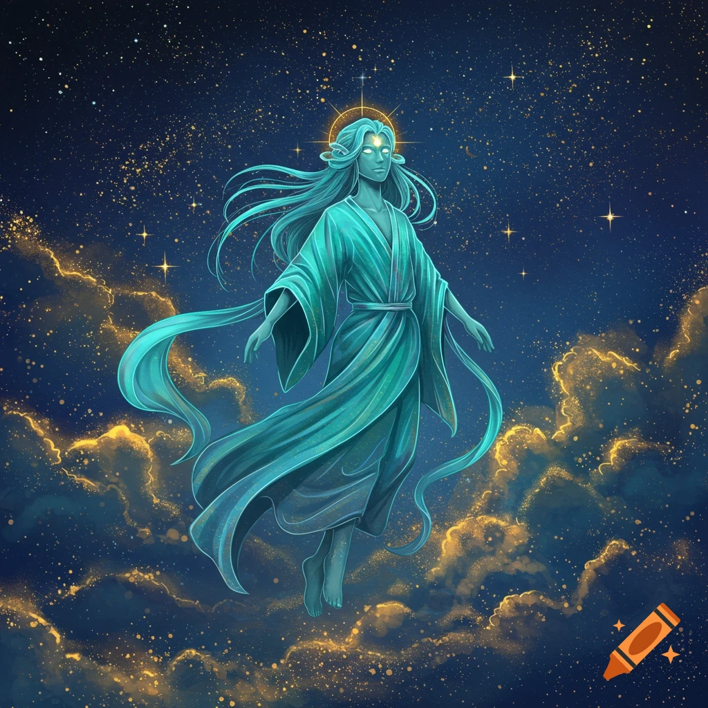 A mystical figure with glowing eyes and flowing blue-green robes floats among golden cosmic clouds and stars.