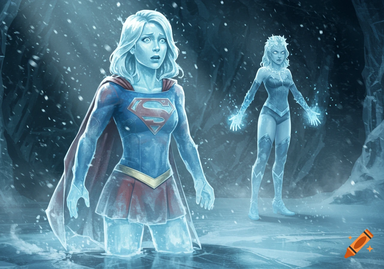 Supergirl frozen in ice looks surprised as Killer Frost stands nearby, glowing with ice powers, in a dark, snowy cave.