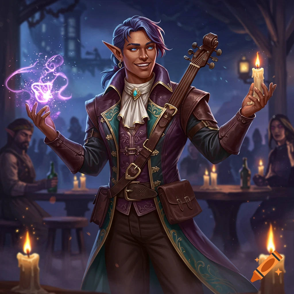 Smiling blue-haired elf bard conjures purple magic and holds a candle in a dimly lit tavern, fantasy art style.