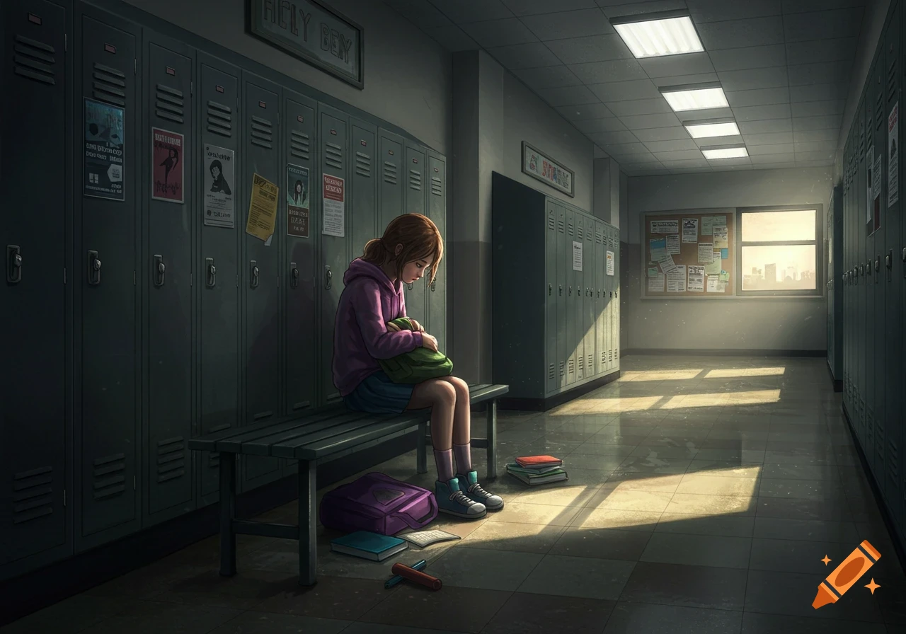 An illustration of a lonely girl sitting on a bench in a dimly lit school hallway, looking down at her lap.