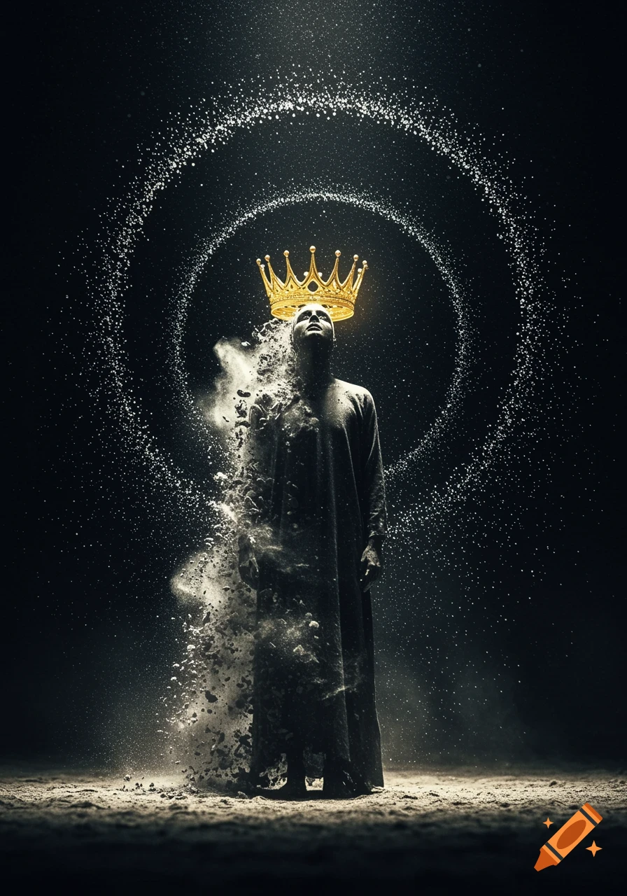 A person in dark robes dissolving into white particles, looking up at a glowing golden crown above their head, against a dark, dramatic background.