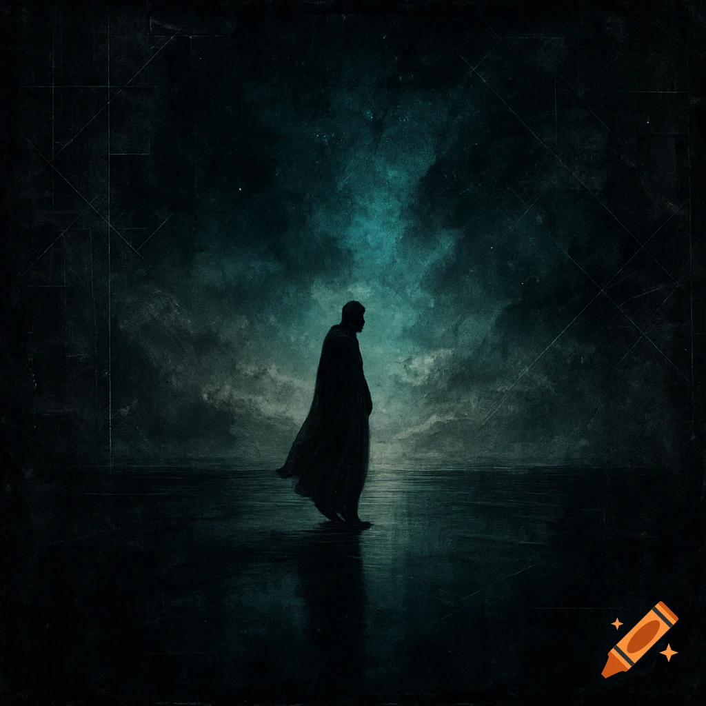 A silhouetted figure in a dark cloak stands alone on a reflective surface under a stormy, teal-lit sky.