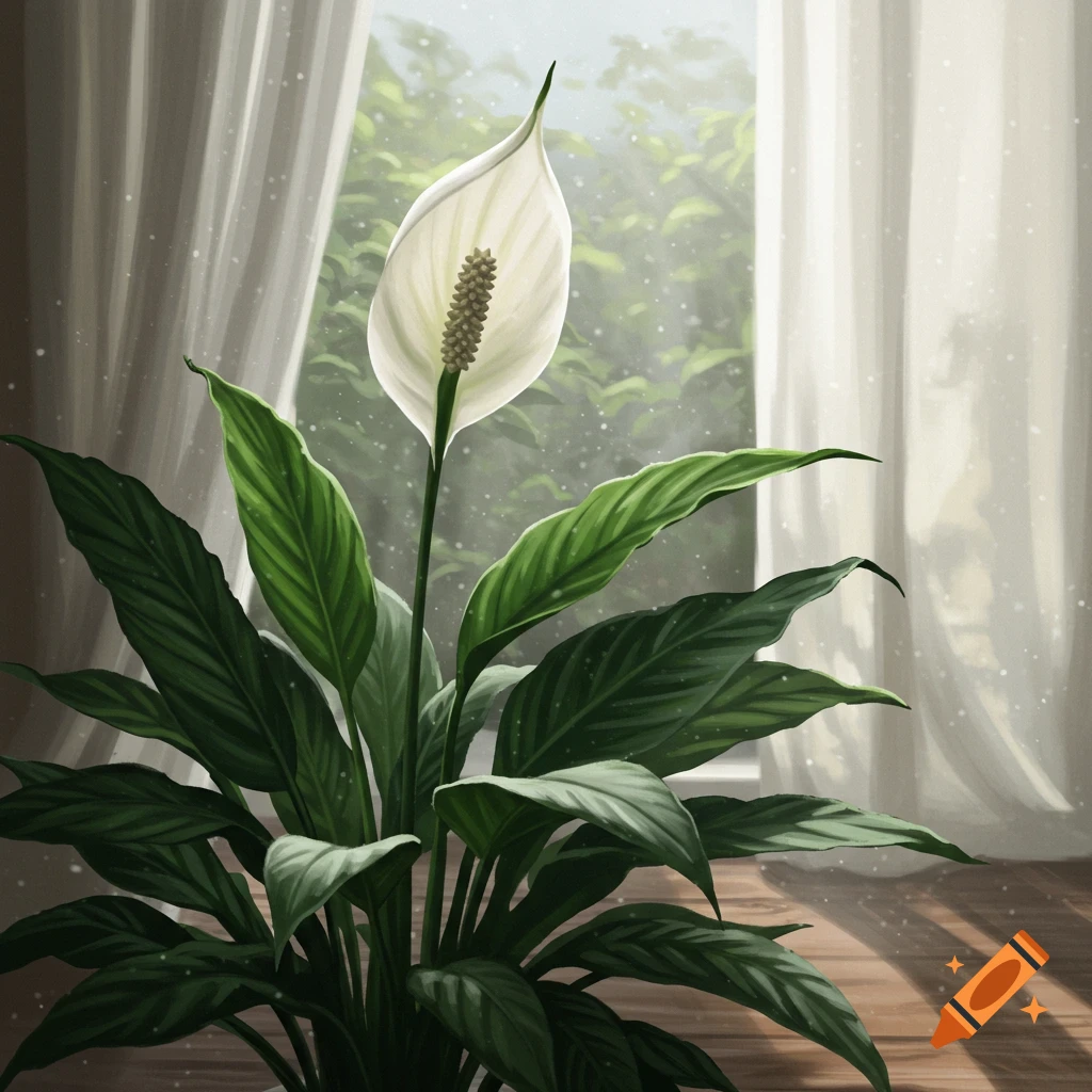 A peace lily plant with a white flower and green leaves sits by a window with sheer curtains, bathed in sunlight.