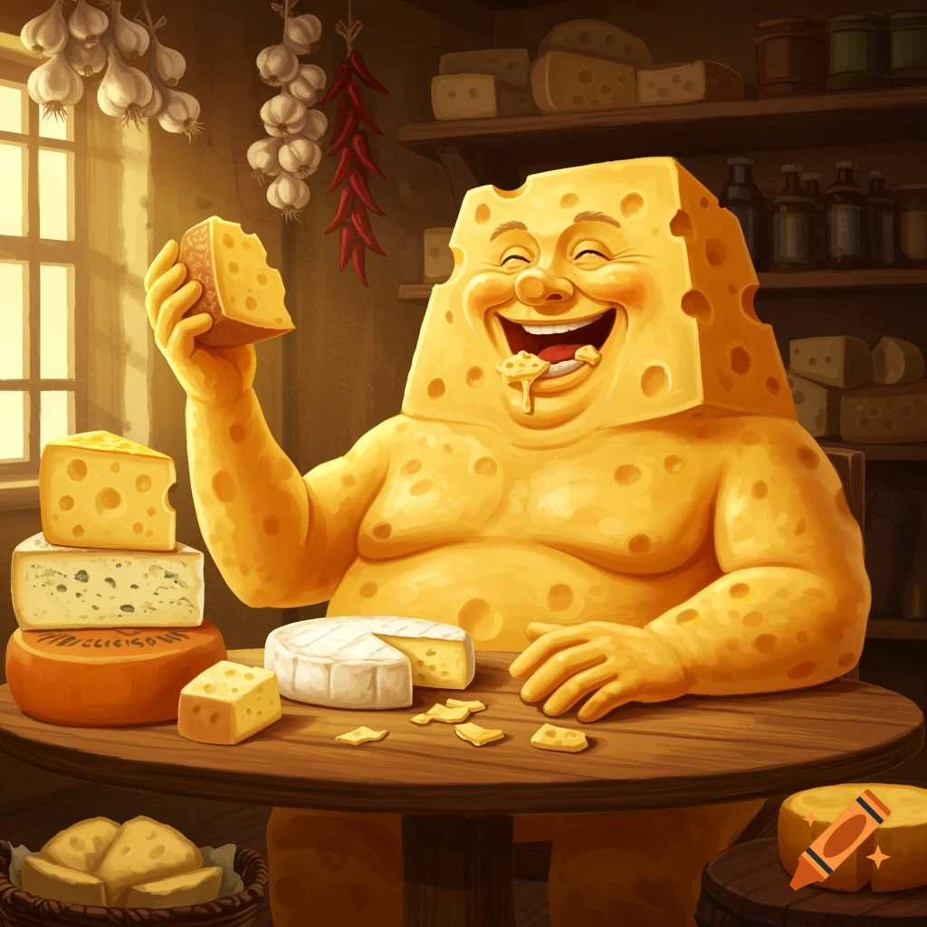 A happy, corpulent cheese man with Swiss cheese holes eats a piece of cheese at a wooden table filled with various cheeses in a rustic room.