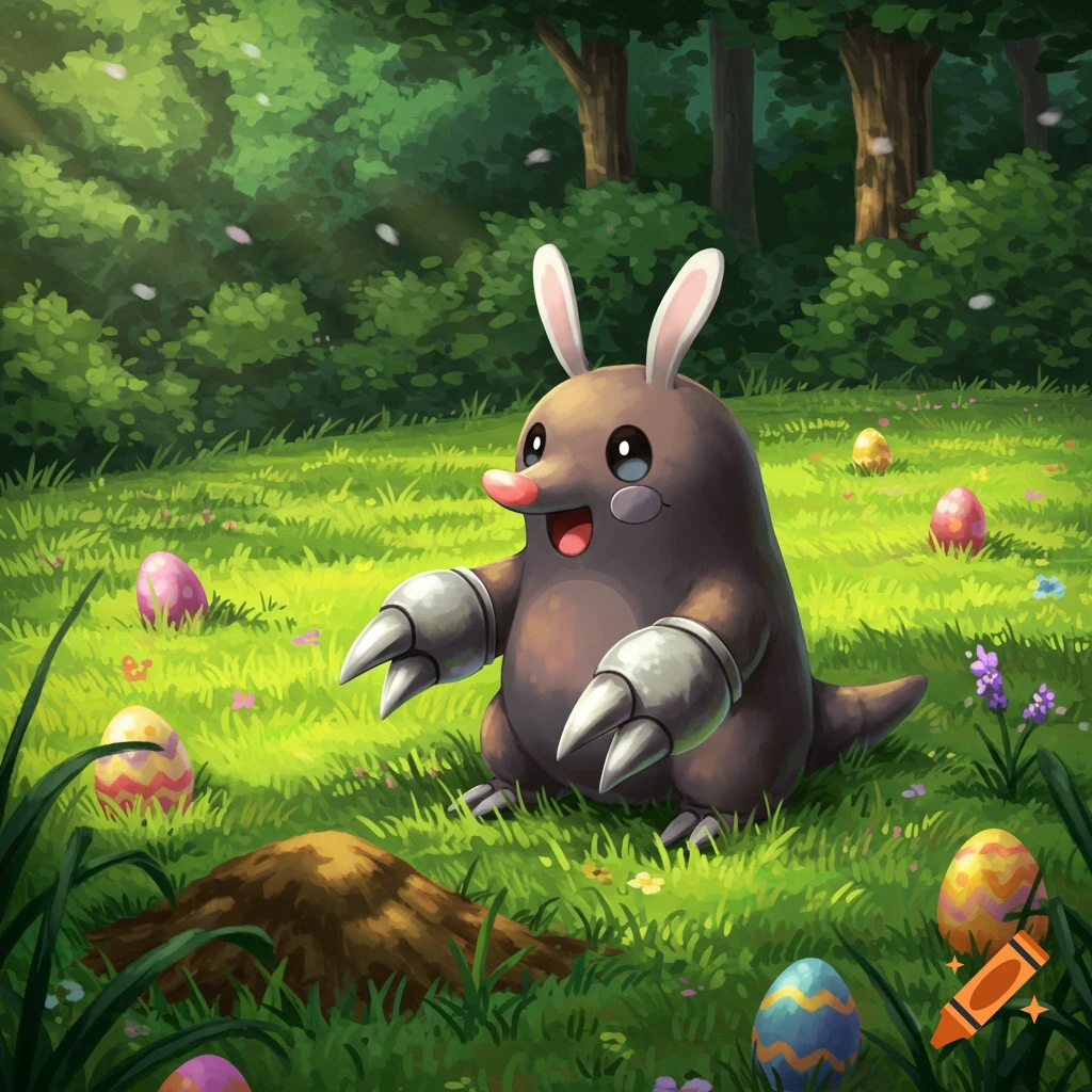 A cute Drilbur Pokémon wearing bunny ears in a green forest clearing with colorful Easter eggs and a molehill.