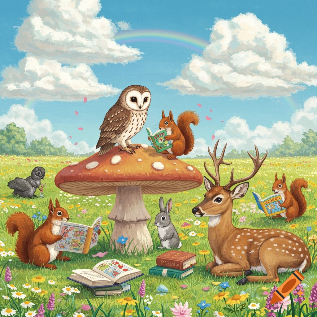Cute illustration of woodland animals including an owl, squirrels, a deer, and a rabbit reading books in a vibrant, flowery meadow under a blue sky with a rainbow.