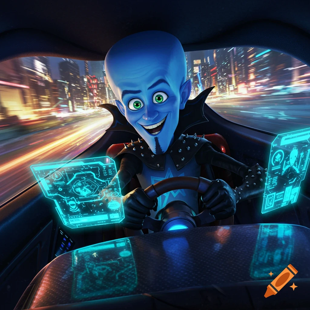Megamind drives a high-tech car through a futuristic city at night, smiling excitedly with bright green eyes.