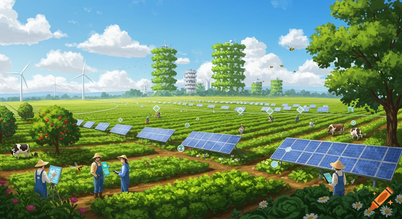 A vibrant futuristic farm landscape with solar panels, vertical farms, farmers with tablets, cows, and wind turbines under a blue sky.