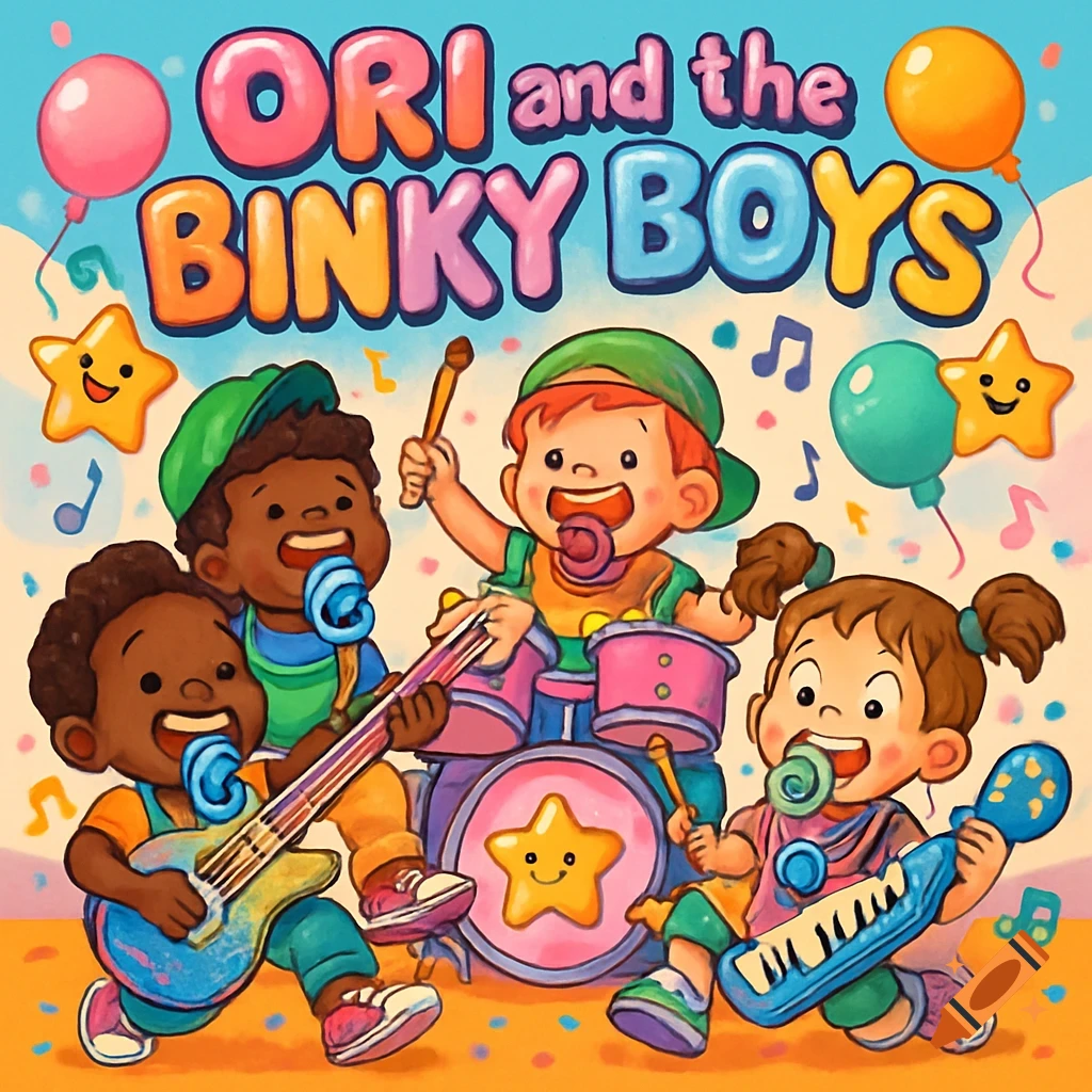 Whimsical, colorful cartoon album cover for 'Ori and the Binky Boys' featuring four joyful children playing oversized musical instruments.