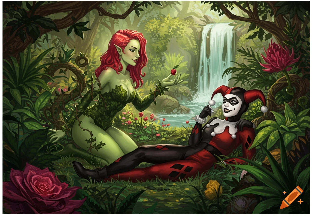 Poison Ivy offers a berry to Harley Quinn in a lush forest with a waterfall, comic art style.