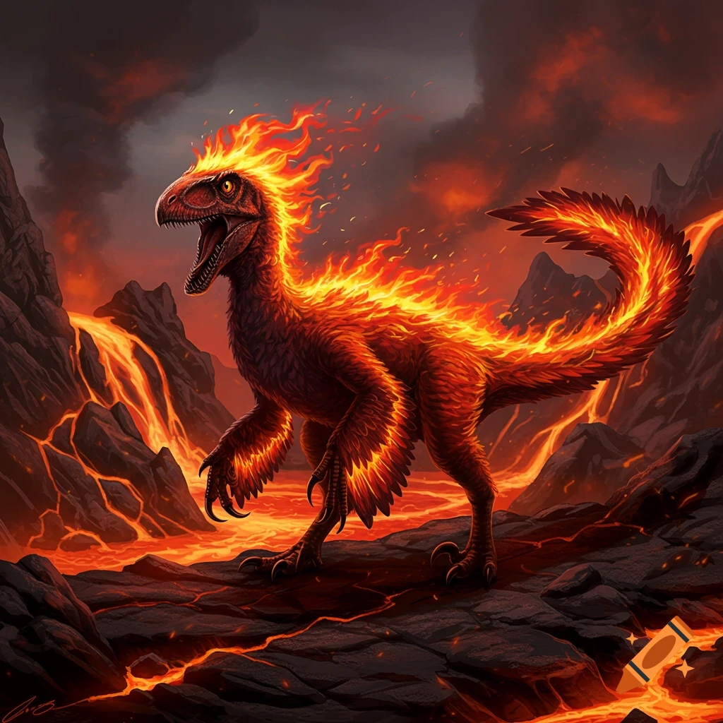 A vibrant, fire-covered pyroraptor dinosaur stands on black volcanic rock with molten lava streams and smoke in the background under a dark sky.