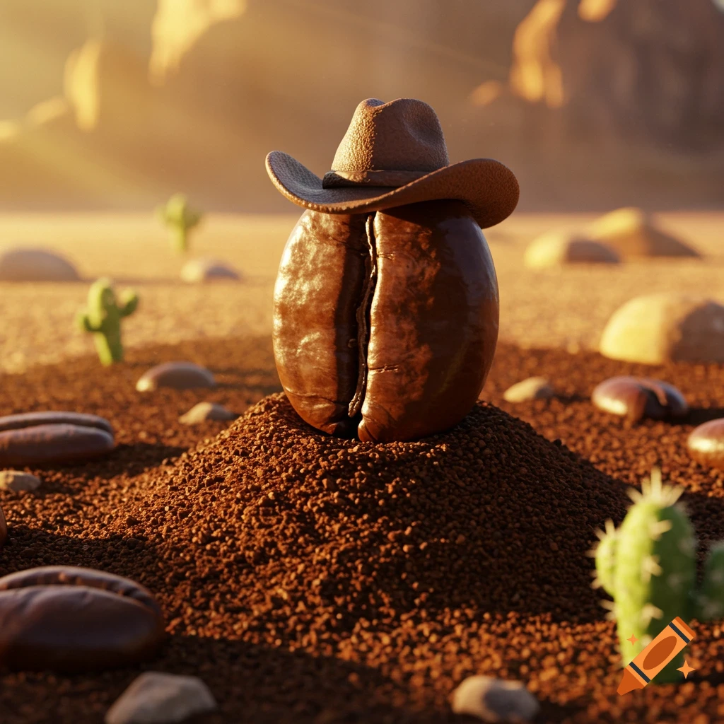 A photorealistic coffee bean wearing a cowboy hat sits on a pile of coffee grounds in a desert with cacti.