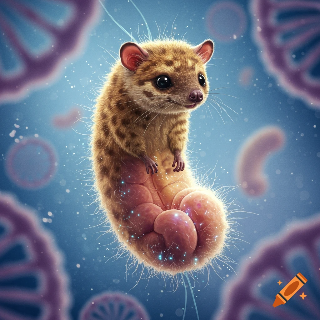 A cute, furry creature with a quoll-like head and a segmented, bacteria-like body floats in a blue microscopic setting with DNA.