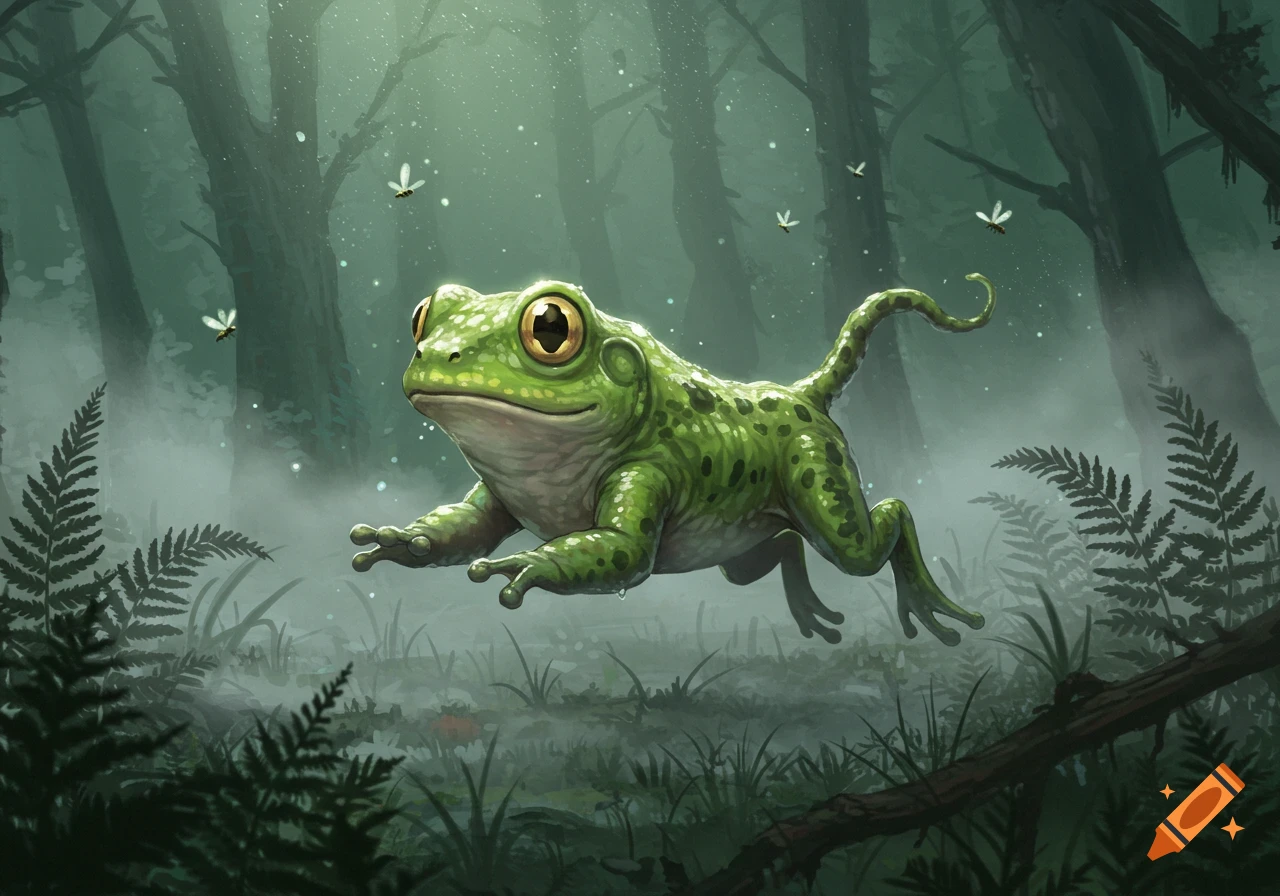 A green frog-like creature with a tail leaps through a misty, dark forest with ferns.