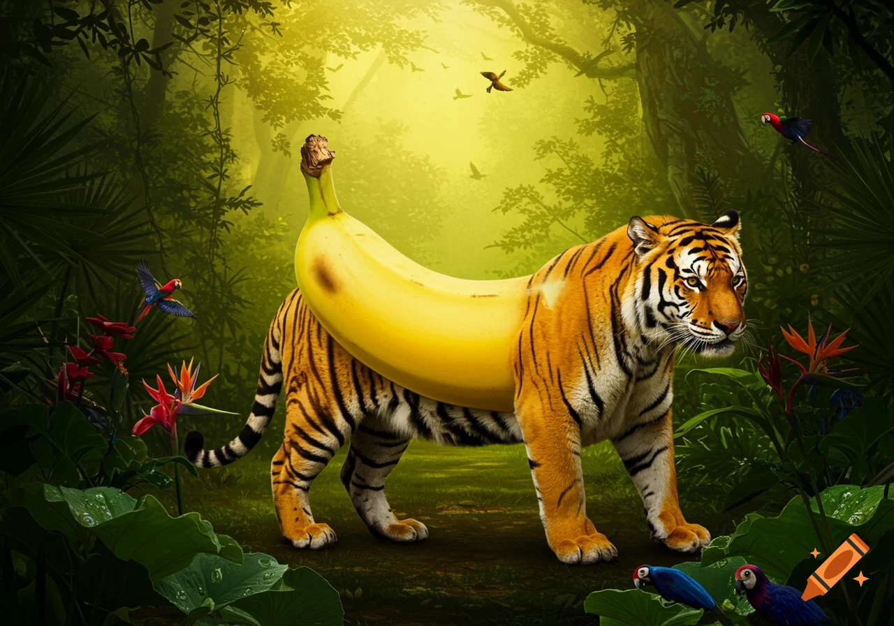 A photorealistic tiger with a banana for its torso stands in a lush jungle with birds and plants.