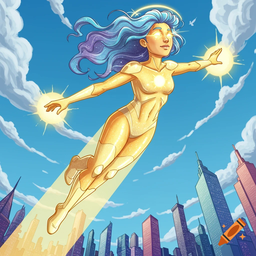 A glowing golden superhero with blue hair and a halo flies over a futuristic city against a blue sky.