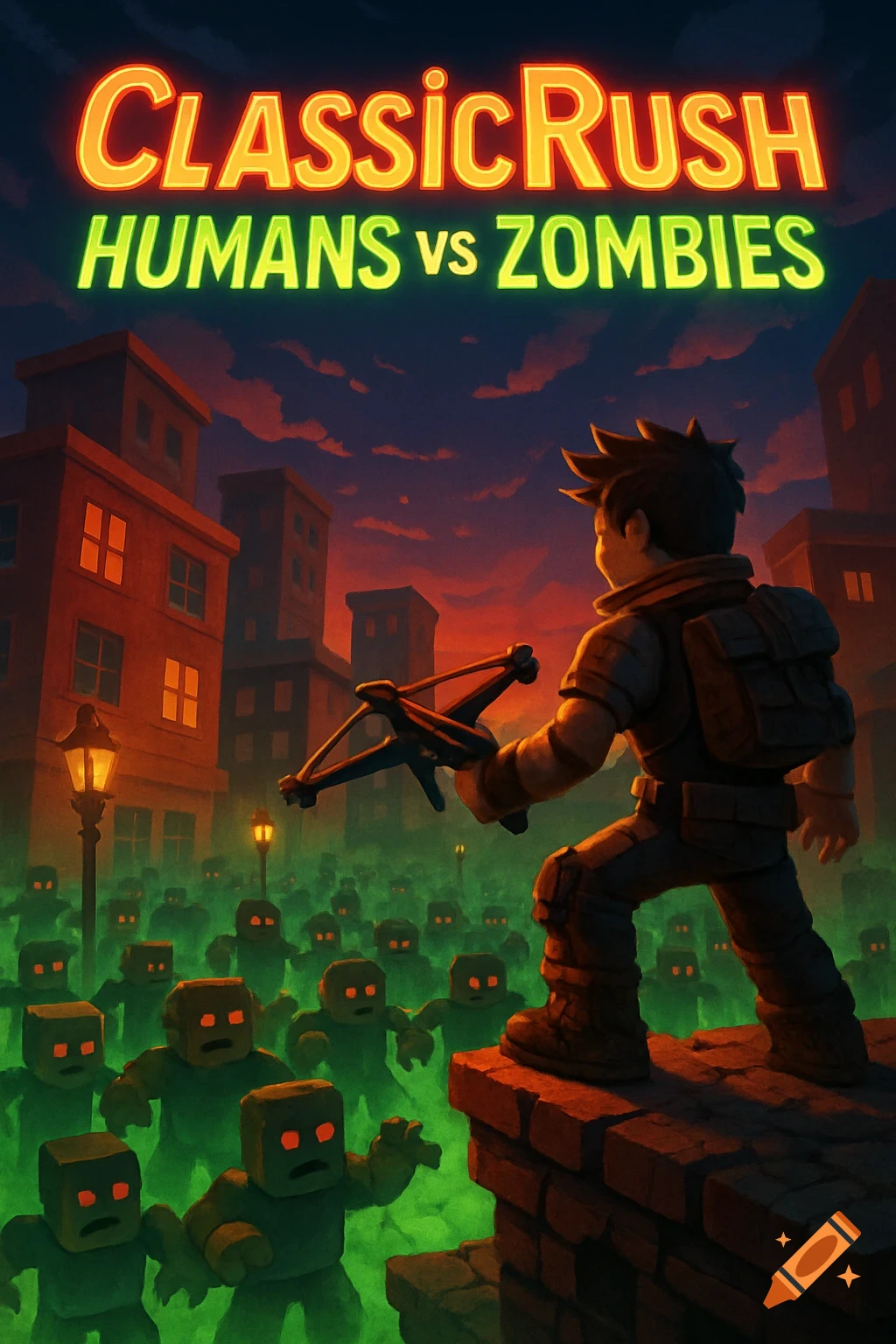A stylized game cover showing a boy with a crossbow on a rooftop facing blocky zombies in a city at sunset, with text 'ClassicRush HUMANS vs ZOMBIES'.
