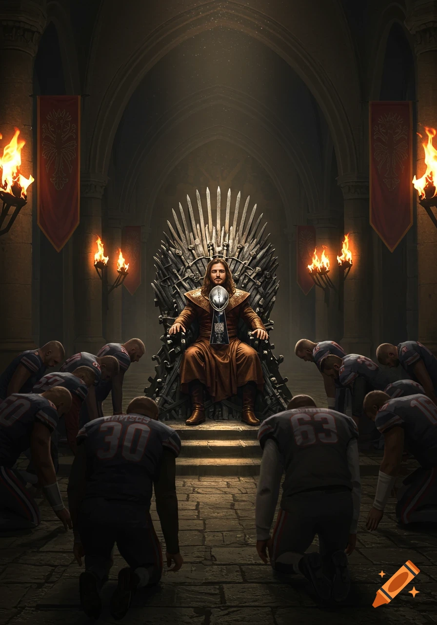 A man with long brown hair sits on the Iron Throne, holding the Lombardi Trophy, while football players bow before him in a grand hall.